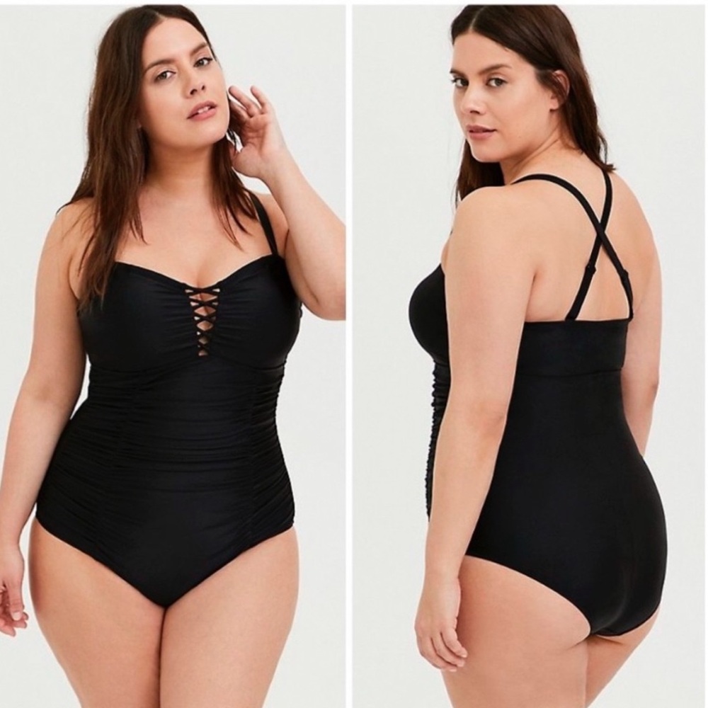Torrid Black Slim Fix Wireless Lattice Front Swimsuit